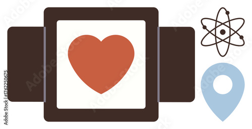 Central heart inside a rectangular frame, atom symbol representing science, geolocation pin symbolizing location. Ideal for health, love, technology, science, geography data innovation. Simple flat