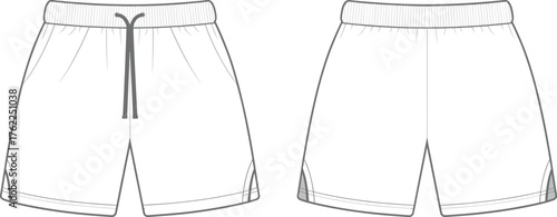 Men’s athletic shorts technical flat sketch, front and back view, detailed CAD drawing, sportswear fashion vector template design illustration