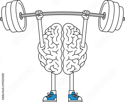 Cartoon brain lifting heavy barbell with blue sneakers weights exercise