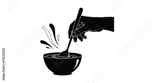 Silhouette of a hand stirring a liquid in a bowl, with splashes indicating movement.