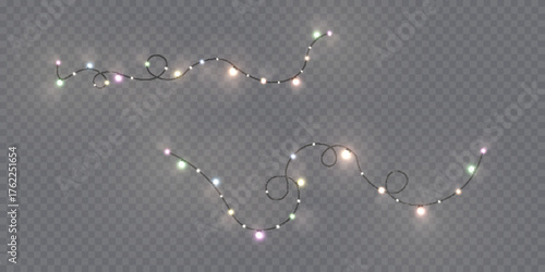 Colorful glowing garlands with vibrant light effects in the bulbs. Realistic multicolored bulbs emit warm and cool light with subtle blurring and shimmer.