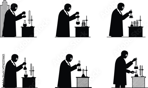 Scientist Silhouette Set Conducting Lab Experiments with Beakers, Flasks, Test Tubes, and Equipment in Research and Chemistry Scenes
