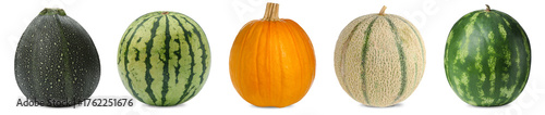 Fotografie Fresh pumpkins, watermelons and melon isolated on white, set