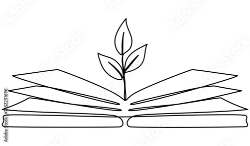 Continuous line drawing open book with sprout plant. Knowledge concept. Vector illustration isolated on white.