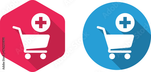 Red hexagon and blue circle shopping cart icons with plus signs add to cart commerce