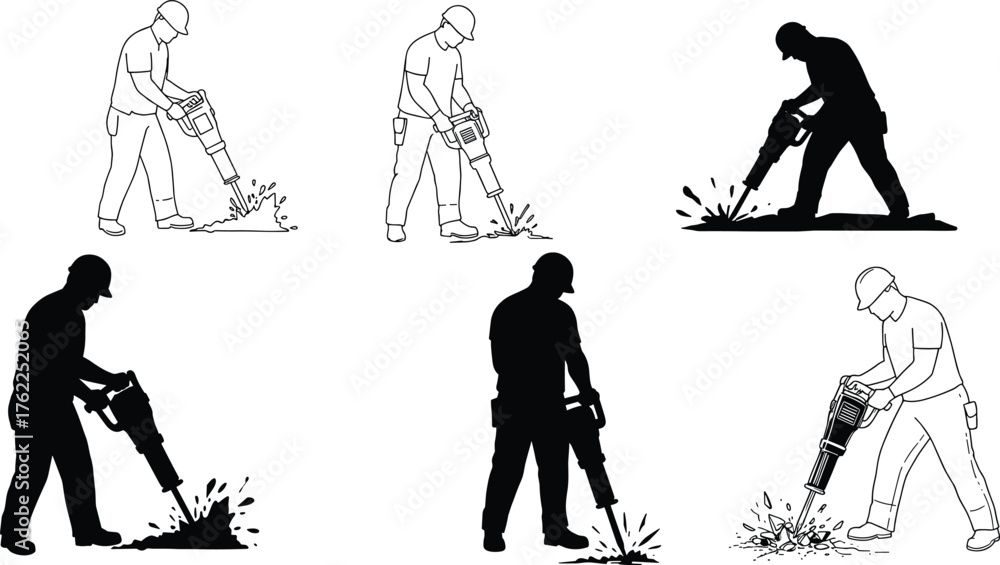 Obraz premium Jackhammer Operator Silhouette and Line Art Set Showing Construction Worker Breaking Ground with Debris and Safety Gear in Action