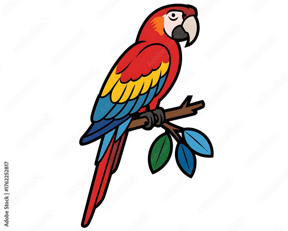Fototapeta premium Colorful scarlet macaw parrot perched on a branch with green leaves