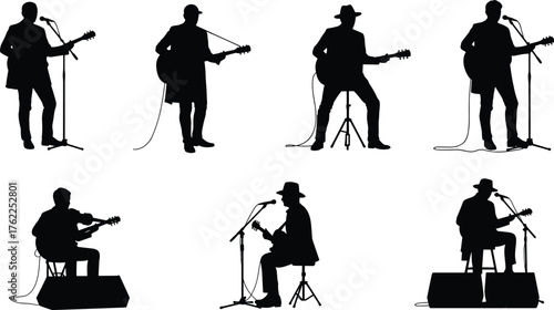 Musician Silhouette Set Featuring Guitar and Violin Performances in Various Poses with Microphones, Cowboy Hats, and Stage Platforms