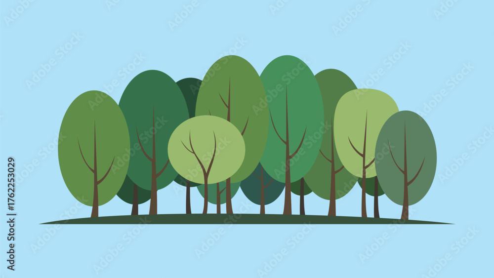 Obraz premium An illustration of a stylized forest with various green trees, each with rounded or oval canopies and brown trunks.