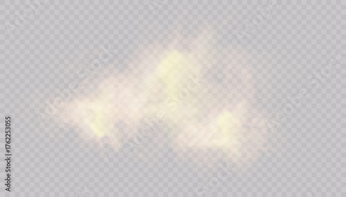 Soft abstract smoke effect with transparent background. Light yellow misty vapor cloud forming gentle floating shapes with smooth blur and atmospheric diffusion.