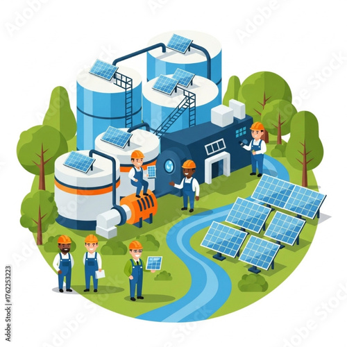 Renewable Energy Plant Isometric Illustration – Eco Smart Industry with Solar Panels, Engineers, and Sustainable Power System Near River
