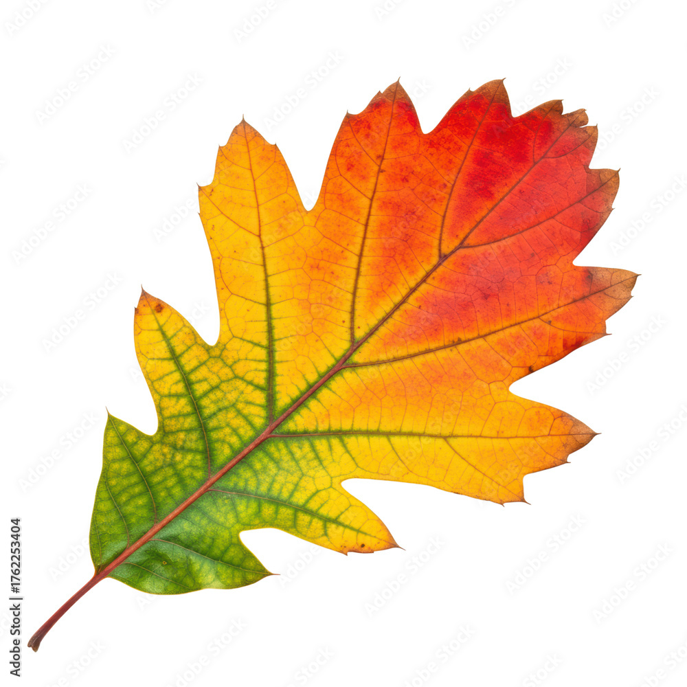Fototapeta premium Vibrant autumn leaf with multicolor gradient on transparent background