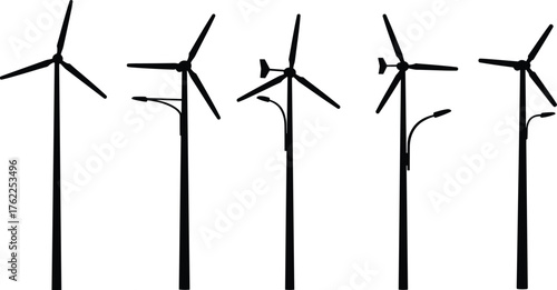 Wind Turbine Silhouettes with Integrated Streetlights for Renewable Energy and Urban Lighting in Sustainable Infrastructure Vector Illustration Set