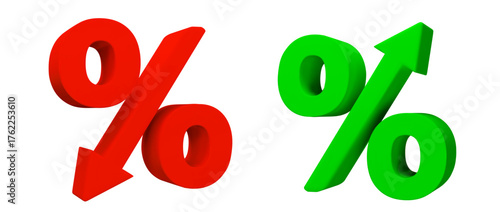 3d red low price icon with green percent up. Crisis concept sign. Stock vector illustration on isolated background.