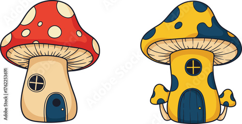 Mushroom house cartoon illustration, whimsical fantasy dwelling design, colorful cap architecture, fairy-tale home concept, playful nature-inspired structure art