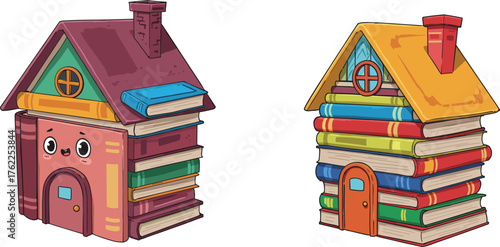 Book house cartoon illustration, whimsical stacked book architecture, fantasy home design, playful educational concept, colorful literature dwelling, creative storybook art