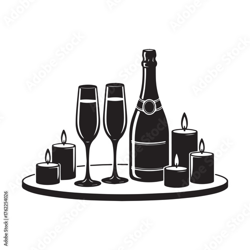Elegant romantic evening scene with champagne drinks and candlelight on wooden table