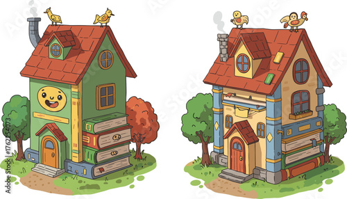 Whimsical book house cartoon illustration, playful architecture design, fantasy dwelling concept, colorful stacked books structure, cheerful facade, imaginative home art