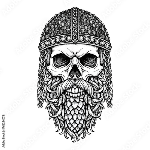 Monochromatic graphic of a formidable skull with a traditional Viking helmet and an elaborate beard, a powerful symbol of historical strength, resilience, and fearless character