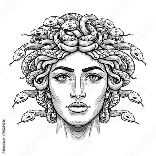 Mythological Medusa A Detailed Black and White Portrait of the Gorgon's Iconic Features