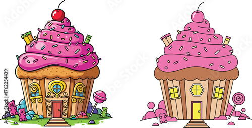 Whimsical cupcake house illustration, fantasy dessert architecture, candy-themed dwelling art, playful cartoon concept, cherry-topped sweet home, colorful frosting design