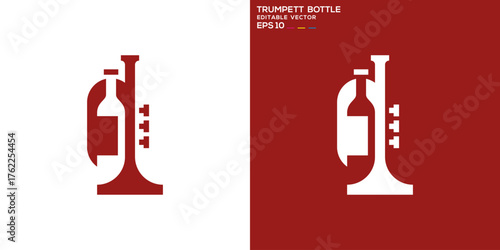 Trumpet and bottle logo. Musical instruments, wind instruments, drinks, wine. Vector design template.