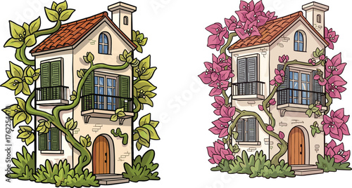Vine-covered house illustration, cozy home design, floral architecture concept, green and pink foliage, charming dwelling art, decorative cottage facade