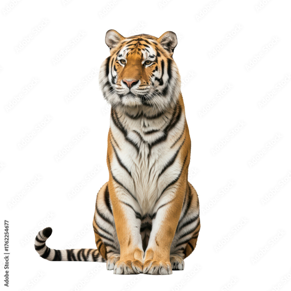 Obraz premium Majestic sitting tiger with striking stripes on transparent background