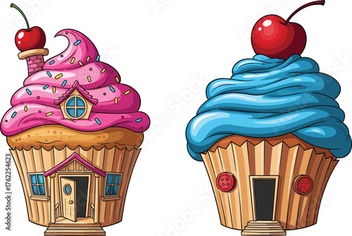 Cupcake house cartoon illustration, fantasy dessert architecture, whimsical food art, playful dwelling concept, colorful frosting design, cherry-topped sweet structure