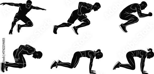 Bodyweight exercise silhouette illustration, HIIT workout poses, fitness movement sequence, black figure training form, agility posture, strength concept, cardio motion