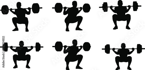 Barbell squat silhouette illustration, fitness workout pose, gym exercise form, strength training movement, black figure, athletic posture, health concept