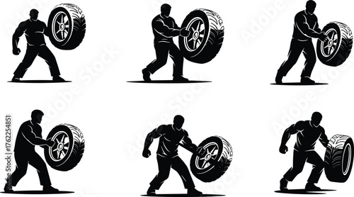 Tire handling silhouette illustration, fitness movement pose, automotive action sequence, black figure workout, strength training concept, dynamic posture, gym exercise