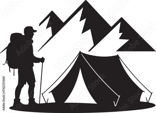 Vector of a mountaineer near a tent.