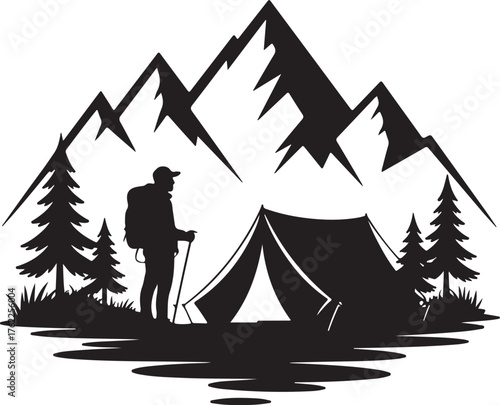 Vector of a mountaineer near a tent.