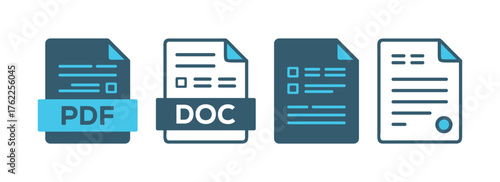 Document Icon, PDF DOC Form Certified Files Set, Document File Type Icon Vector, Flat Office Document Symbols, Digital Paper Icons, Minimal Document Format Illustration, PDF symbol
