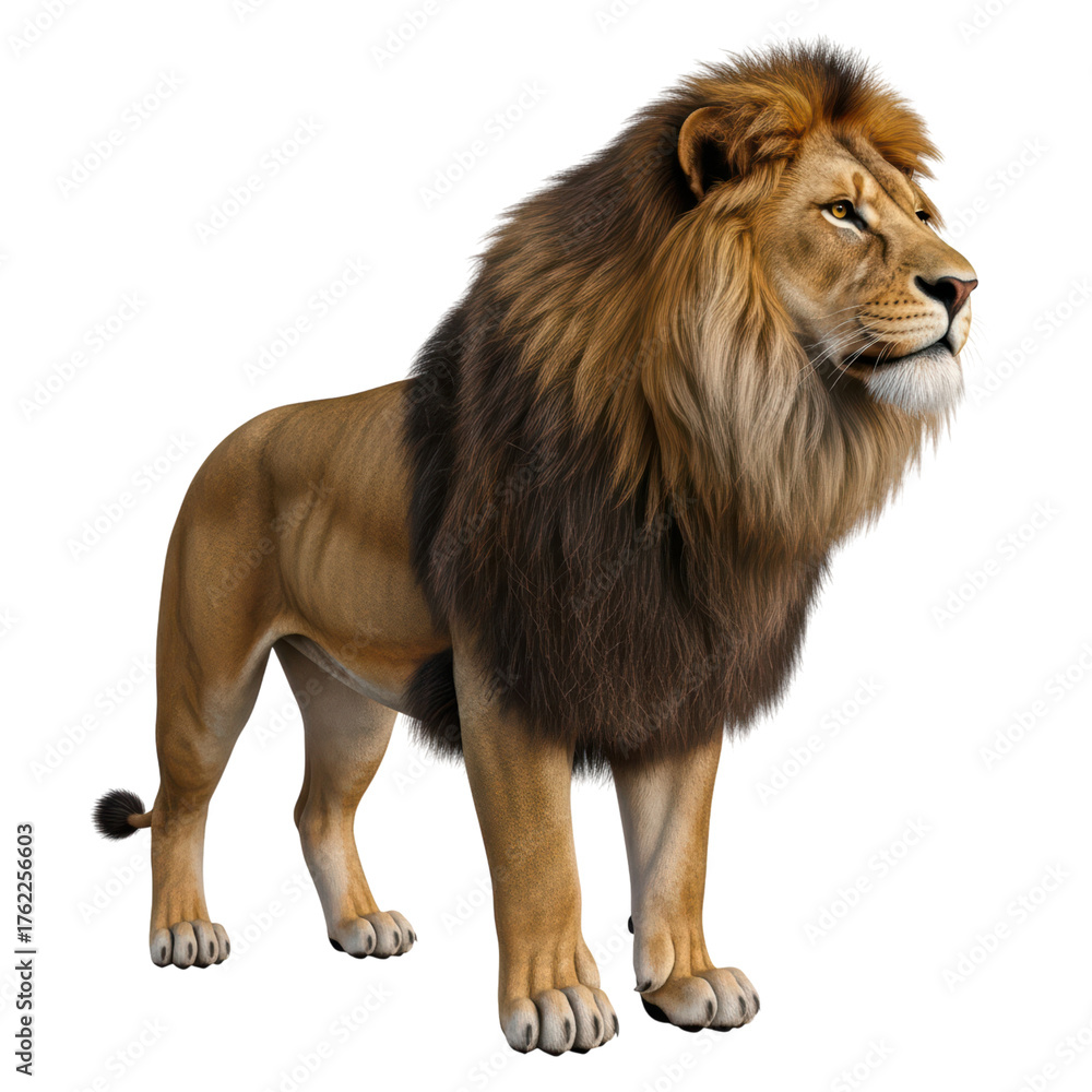 Obraz premium Majestic african lion standing with regal mane on transparent background
