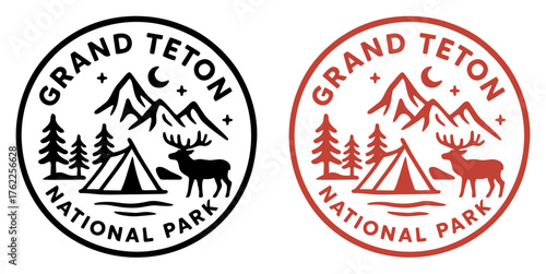 monoline camping in grand teton with deer, vintage outdoor badge design