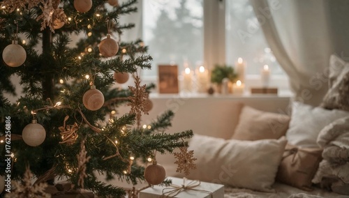 Cozy Christmas living room with decorated tree and soft lighting