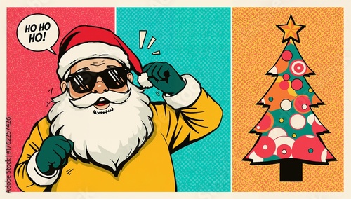 Santa Claus celebrates with a cool style during Christmas season. A bold pop-art style Christmas illustration