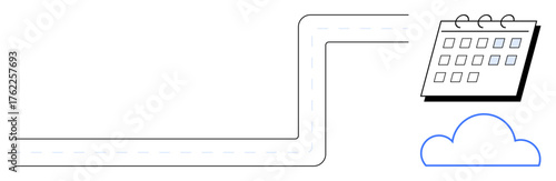 Curved road leading to a calendar above a cloud icon, symbolizing planning, forecasting, and data access. Ideal for scheduling, journey mapping, strategy, cloud technology, logistics organization