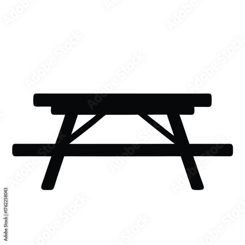 Black silhouette of a picnic table on a white isolated background
