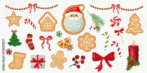Festive Christmas Clipart Set with gingerbread cookies, candy canes, Santa cookie, candle, bow, berries, and holiday decorations. Perfect for greeting cards, packaging, design projects, social media