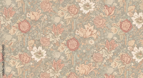 Elegant vintage floral wallpaper design with soft pastel blooms and intricate botanical details, perfect for timeless interiors