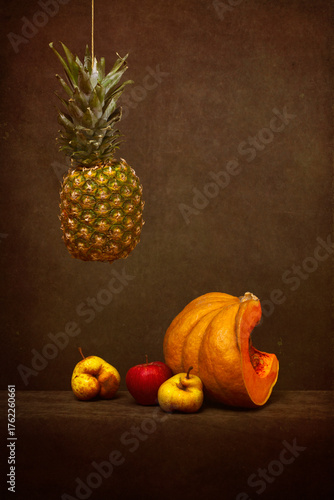 Still life with pineapple, pumpkin, pears and apple