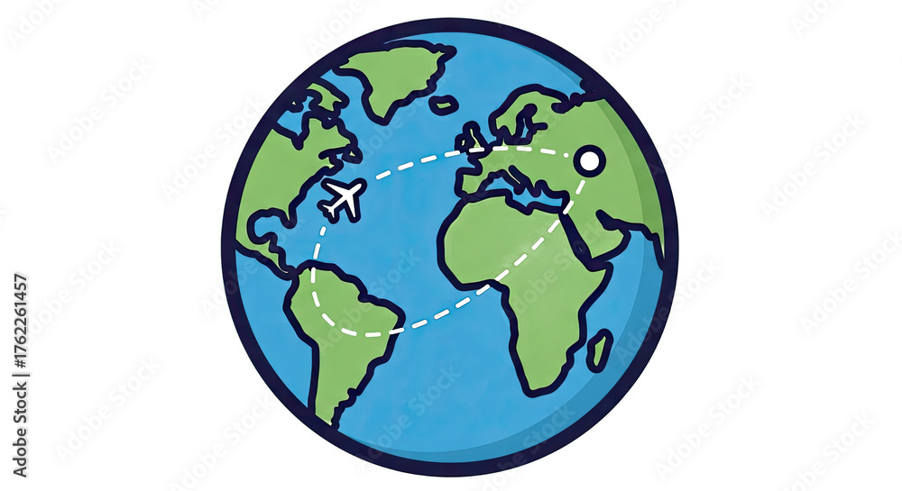 Naklejka premium Colorful illustration of a globe with an airplane flying across continents