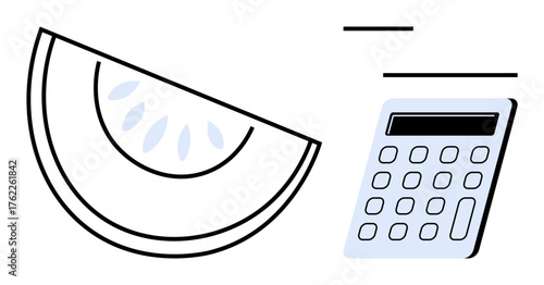 Sliced watermelon and calculator emphasizing budgeting, savings, wellness, and balance. Ideal for finance, health, productivity, calculations planning decision-making or growth. Simple flat