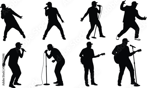 Singer and Guitarist Silhouette Set in Expressive Music Performance Poses with Microphones, Guitars, and Dynamic Stage Gestures