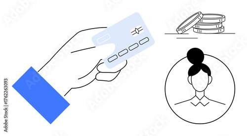 Hand presenting payment card next to stacked coins and user profile outline. Ideal for finance, banking, e-commerce, personal identity, online payment, savings, modern technology. Simple flat