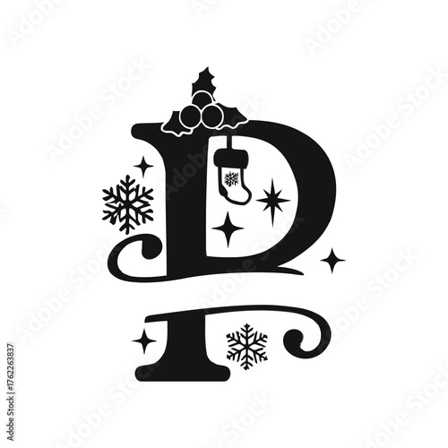 Festive Christmas split letter P monogram with holly, stocking, and snowflakes. Decorative holiday initial for personalized winter designs