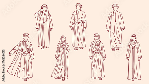 Collection of Arabian Garments for Men and Women, Traditional Middle Eastern Robes